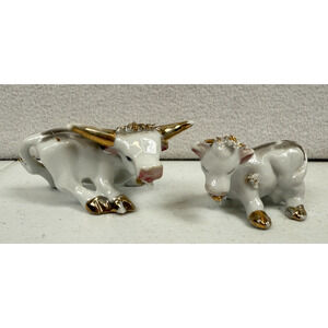 VTG‎ 1950s White & Gold Porcelain Bull Figurine Small Mid Century Accent Decor